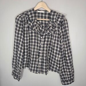 DÔEN Plaid Ruffle Blouse Womens S Organic Cotton Button Front Boho Top